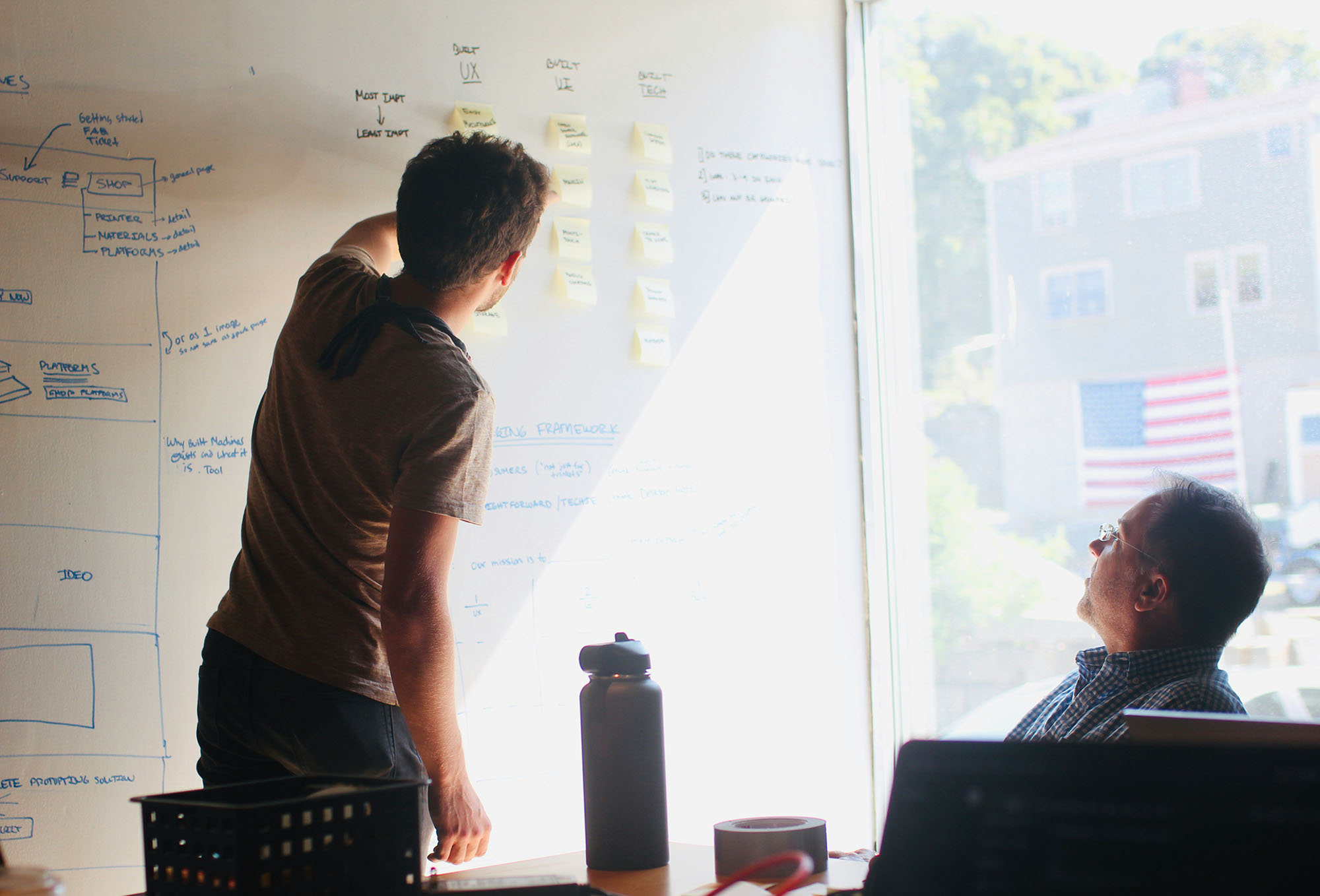 Two colleagues collaborating at a whiteboard covered in sticky notes and diagrams